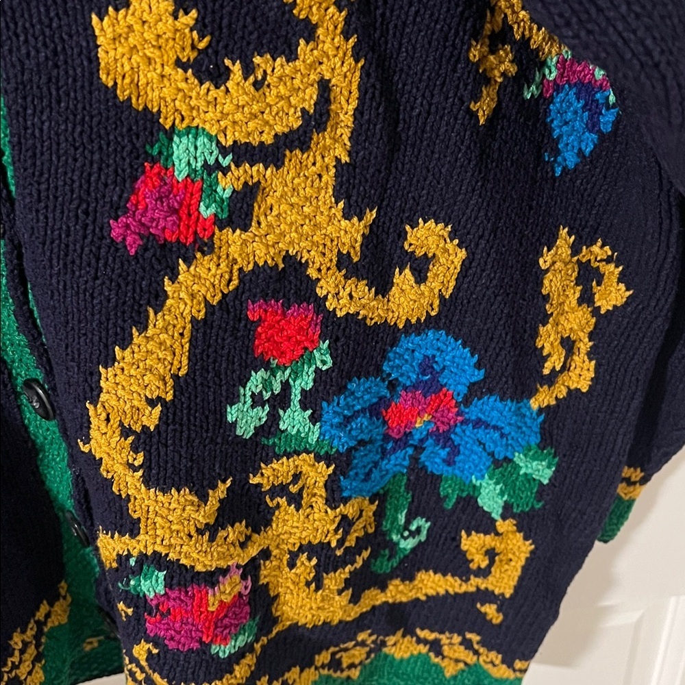 Vintage 80s Liz Claiborne Women’s Handknit Floral Cardigan: Cotton/Silk Large - Picture 2 of 6